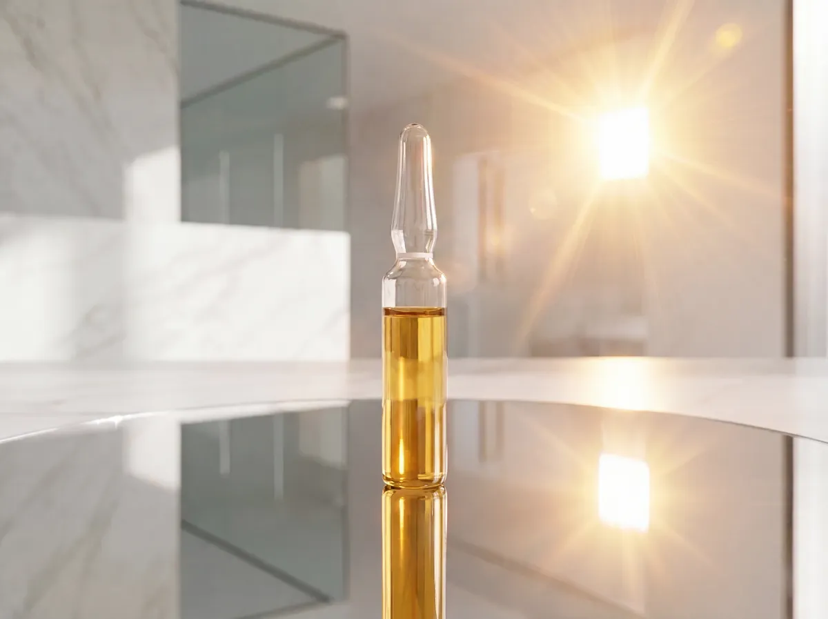 Ampułka ze złotym serum na marmurowym blacie — dbałość o jakość w gabinecie ESTÁ BIEN